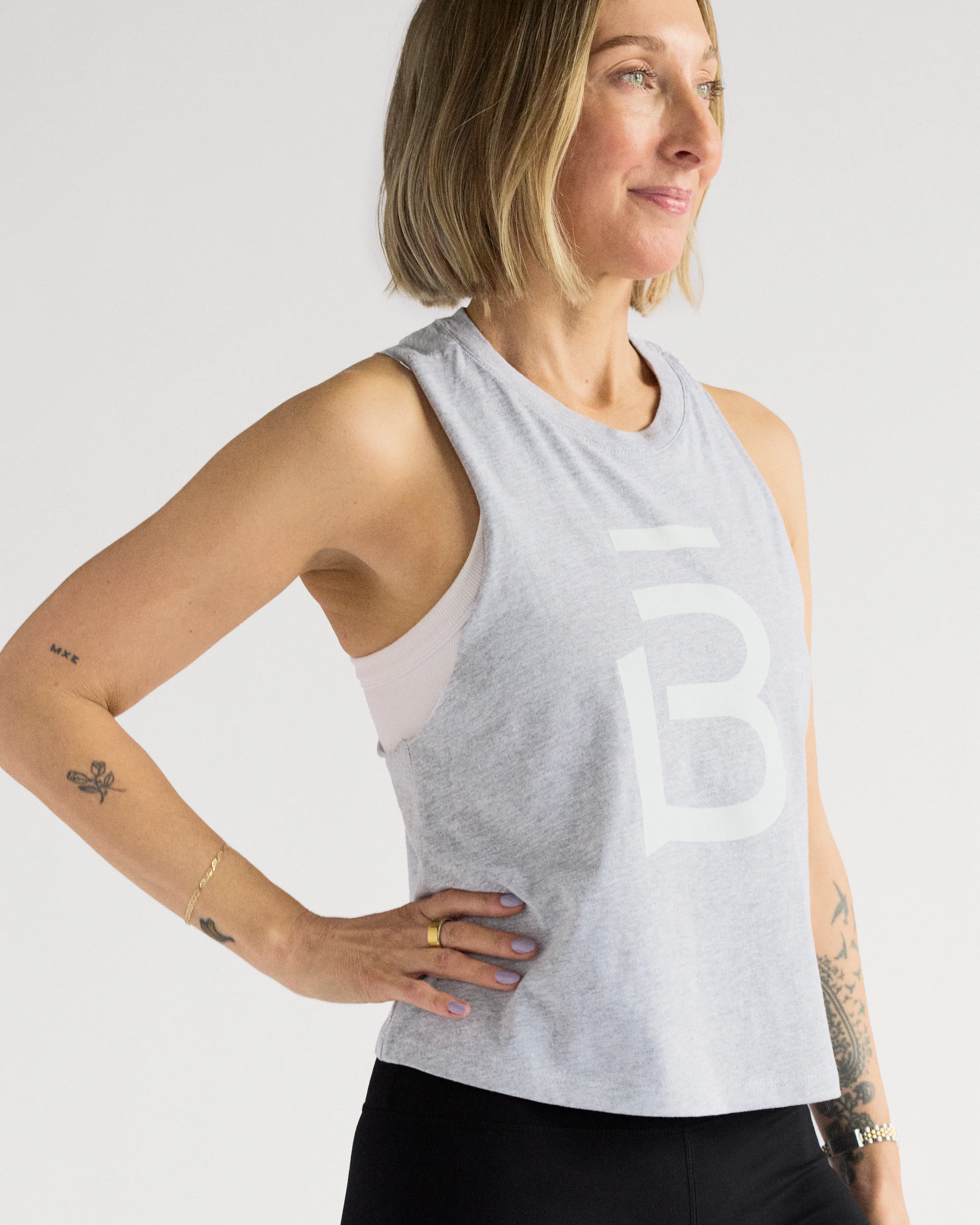 b3 Crop Muscle Racerback Tank - Athletic Heather/White - Image 4